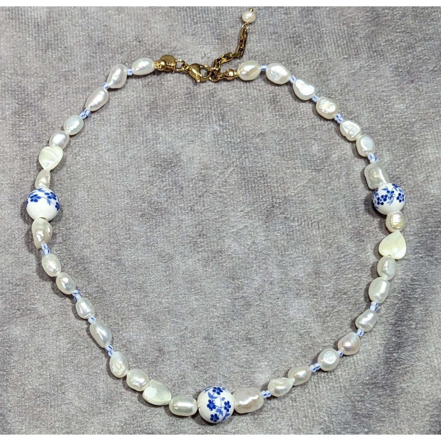 Elegant Freshwater Pearl And Porcelain Floral Beaded Necklace
