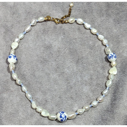 Elegant Freshwater Pearl And Porcelain Floral Beaded Necklace