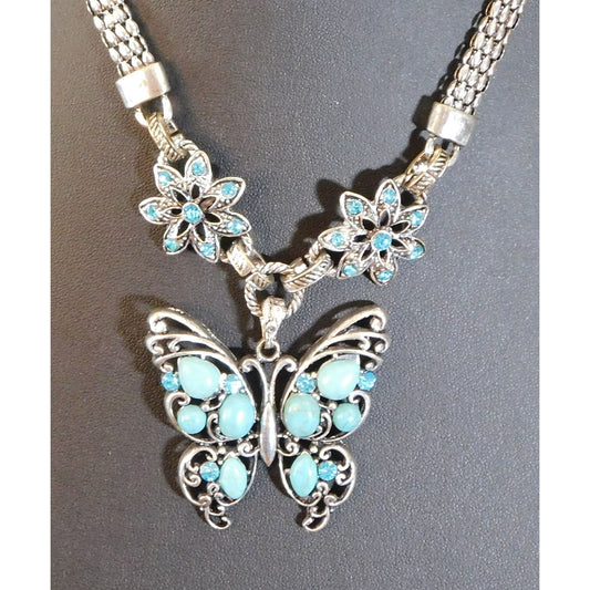 Vintage Fairycore Butterfly Faux Turquoise And Rhinestone Necklace With Floral Accents