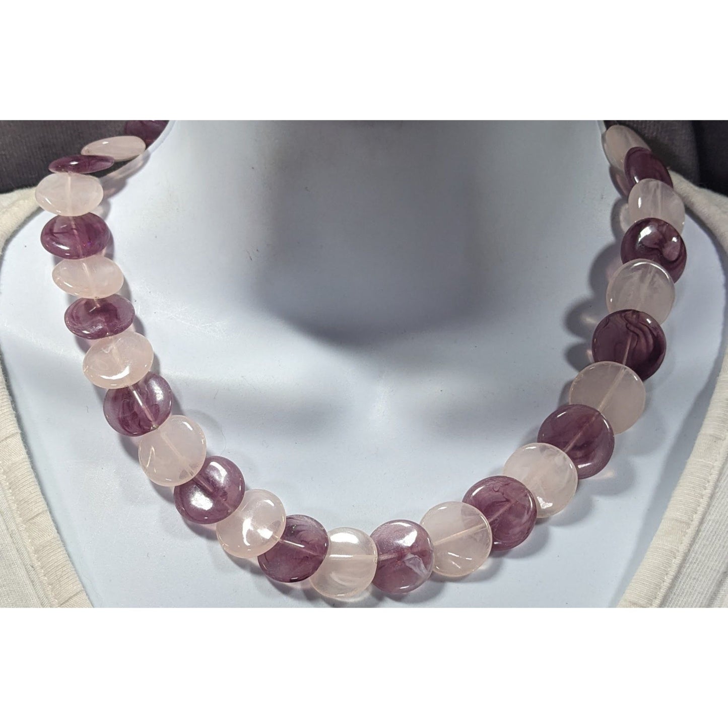 White And Purple Marbled Plastic Disc Beaded Necklace