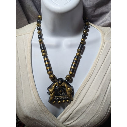 Vintage Terra Cotta Gold And Black Bird Beaded Pendant Necklace