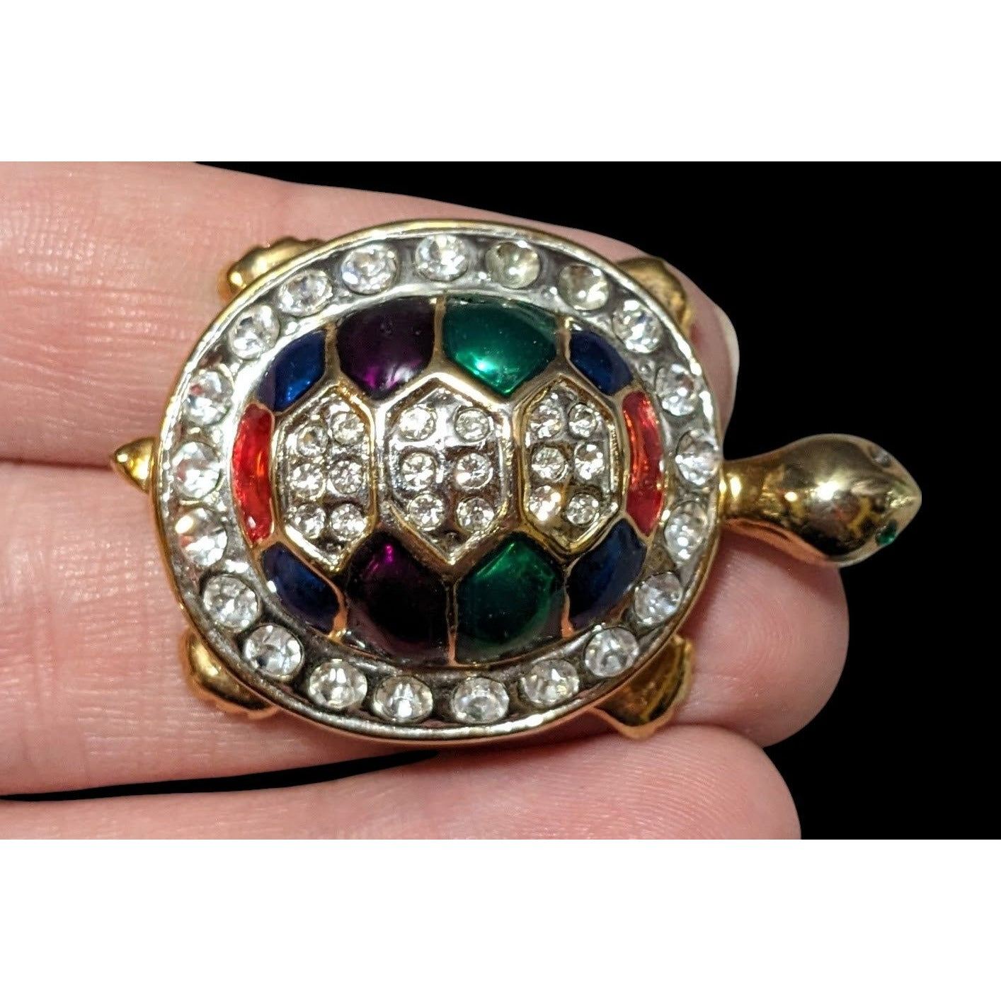 Vintage Gold Tone Rainbow Enamel Rhinestone Turtle Brooch