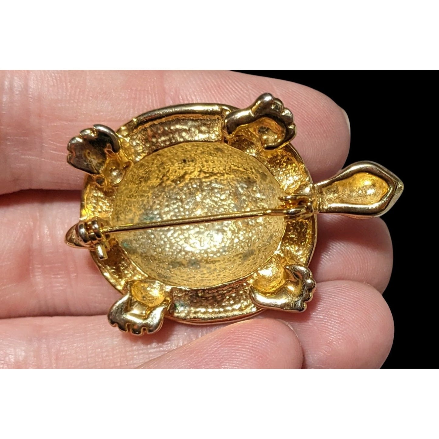 Vintage Gold Tone Rainbow Enamel Rhinestone Turtle Brooch