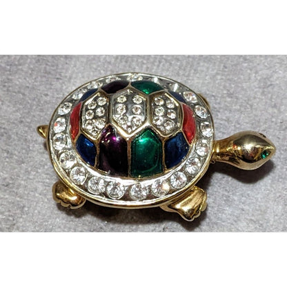 Vintage Gold Tone Rainbow Enamel Rhinestone Turtle Brooch