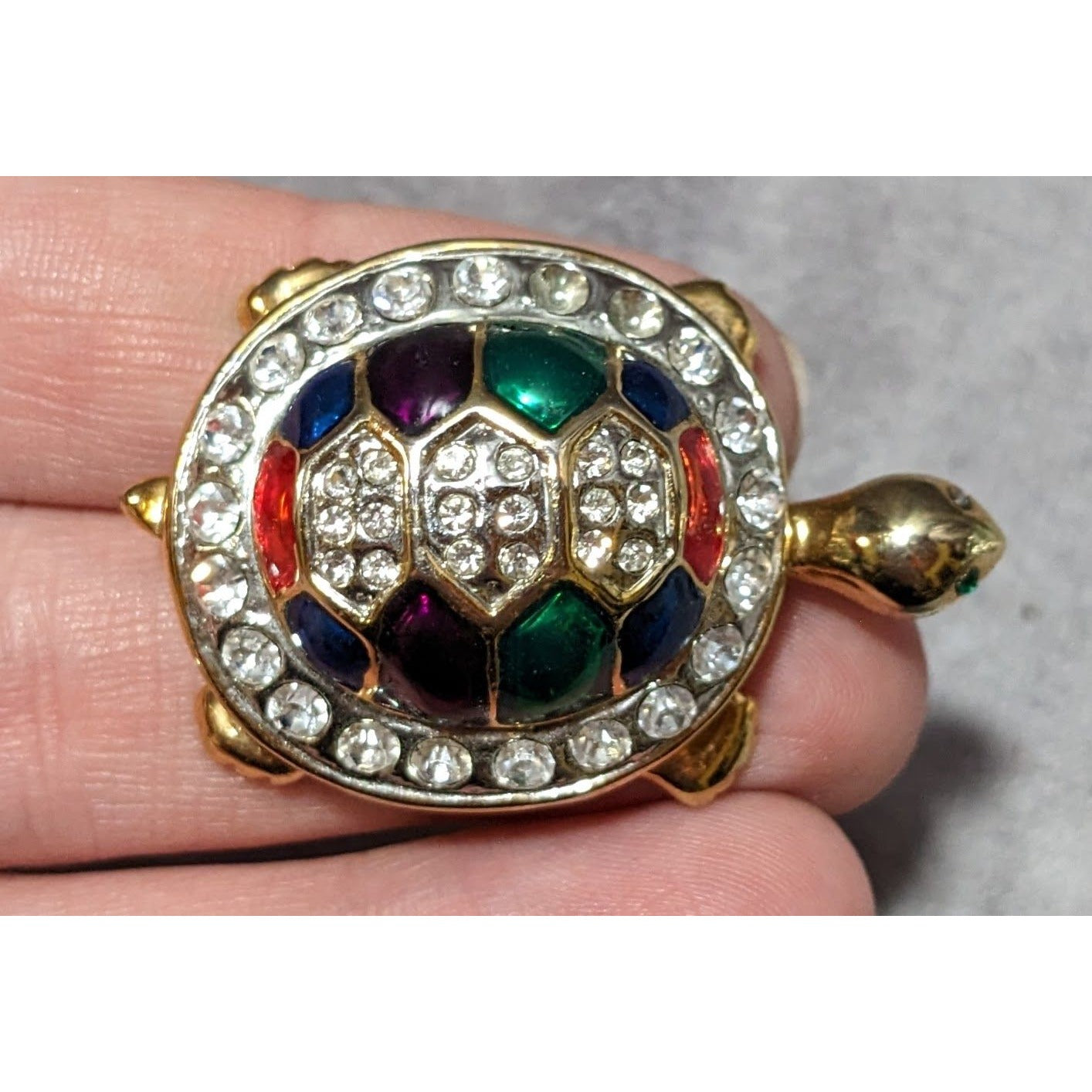 Vintage Gold Tone Rainbow Enamel Rhinestone Turtle Brooch