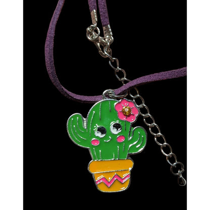 Smiling Bright Cactus Enamel Pendant Necklace