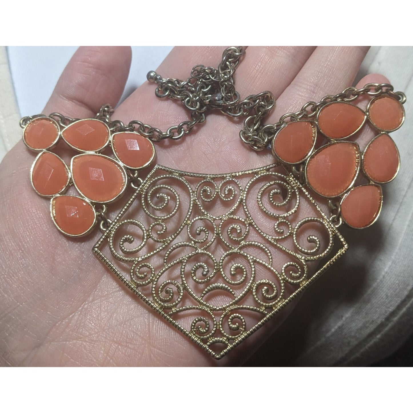 Vintage Gold Tone Filigree Bib Necklace With Orange Stones