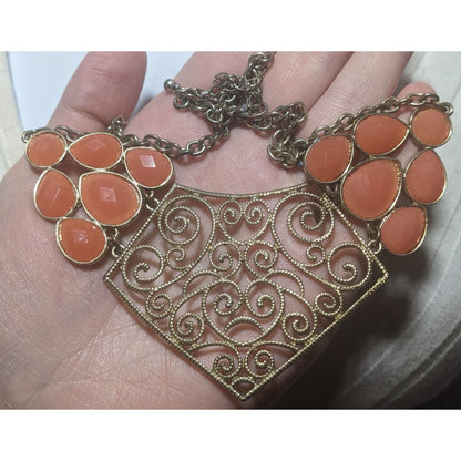 Vintage Gold Tone Filigree Bib Necklace With Orange Stones