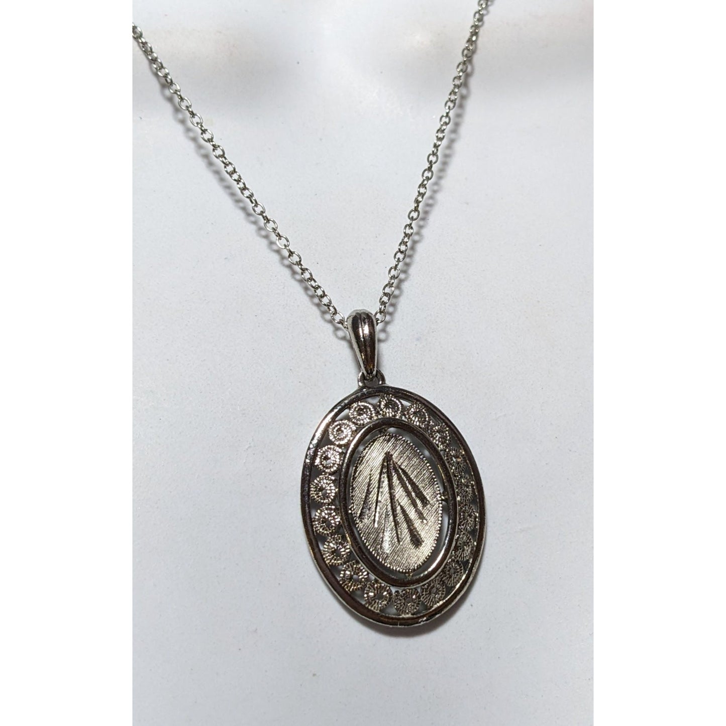 Engraved Retro Silver Oval Pendant Necklace