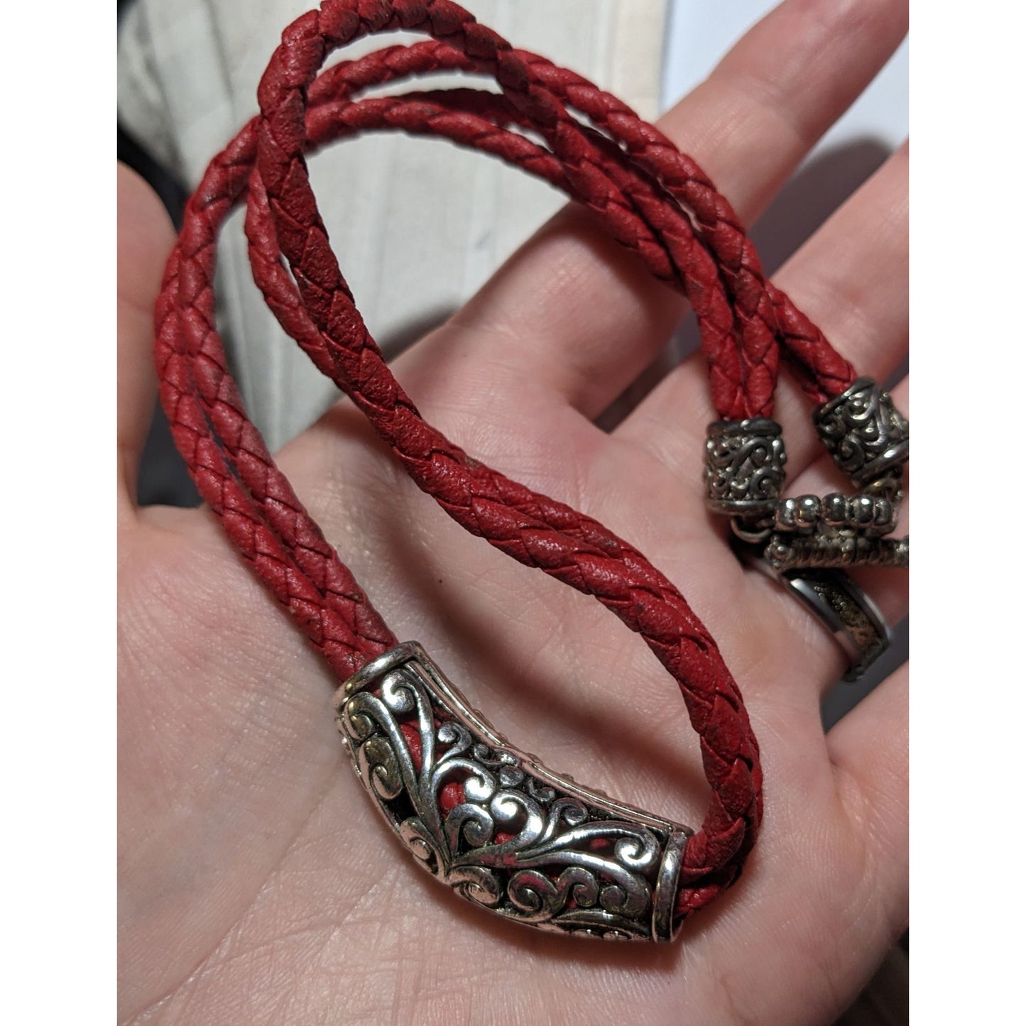 Red And Silver Faux Leather Floral Necklace