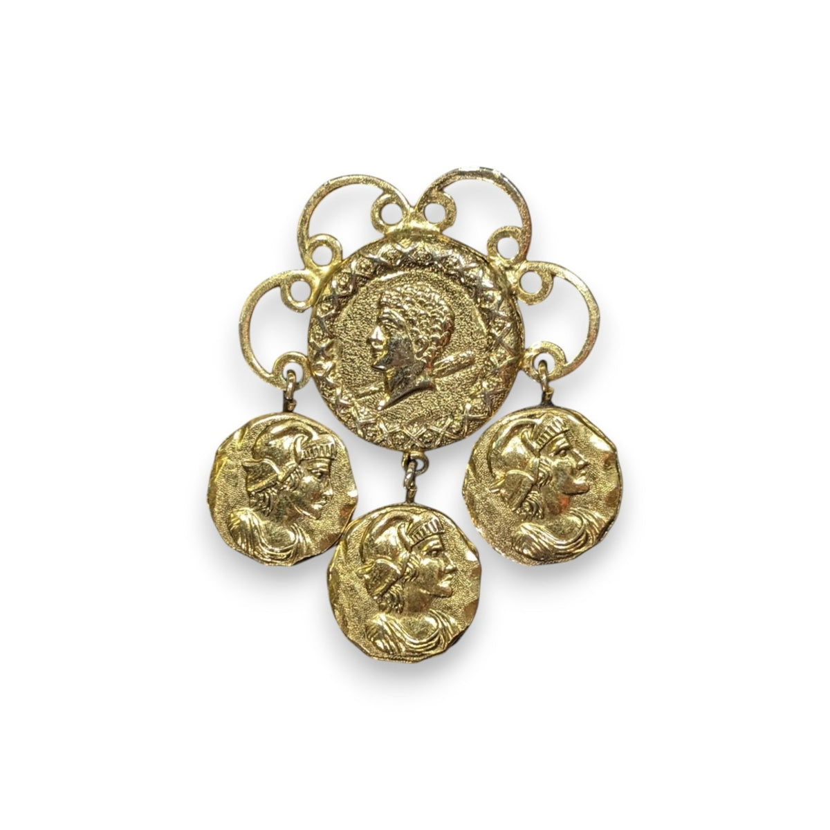 Solomon Freirich Vintage Etruscan Revival Gold Tone Roman Coin Dangle Brooch 2in