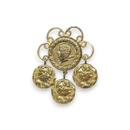 Solomon Freirich Vintage Etruscan Revival Gold Tone Roman Coin Dangle Brooch 2in