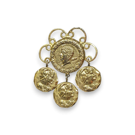 Solomon Freirich Vintage Etruscan Revival Gold Tone Roman Coin Dangle Brooch 2in
