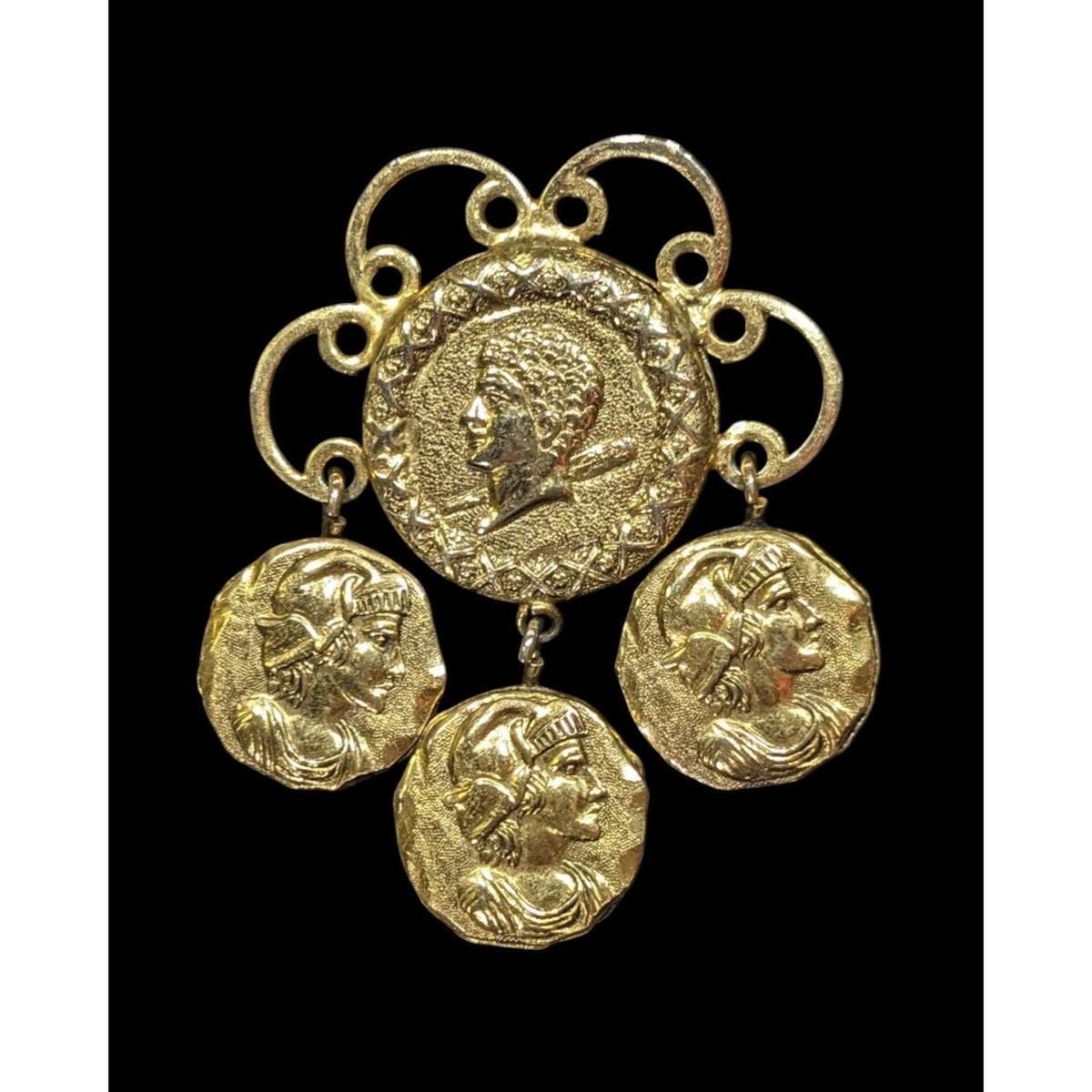 Solomon Freirich Vintage Etruscan Revival Gold Tone Roman Coin Dangle Brooch 2in