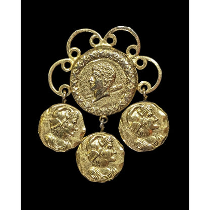 Solomon Freirich Vintage Etruscan Revival Gold Tone Roman Coin Dangle Brooch 2in