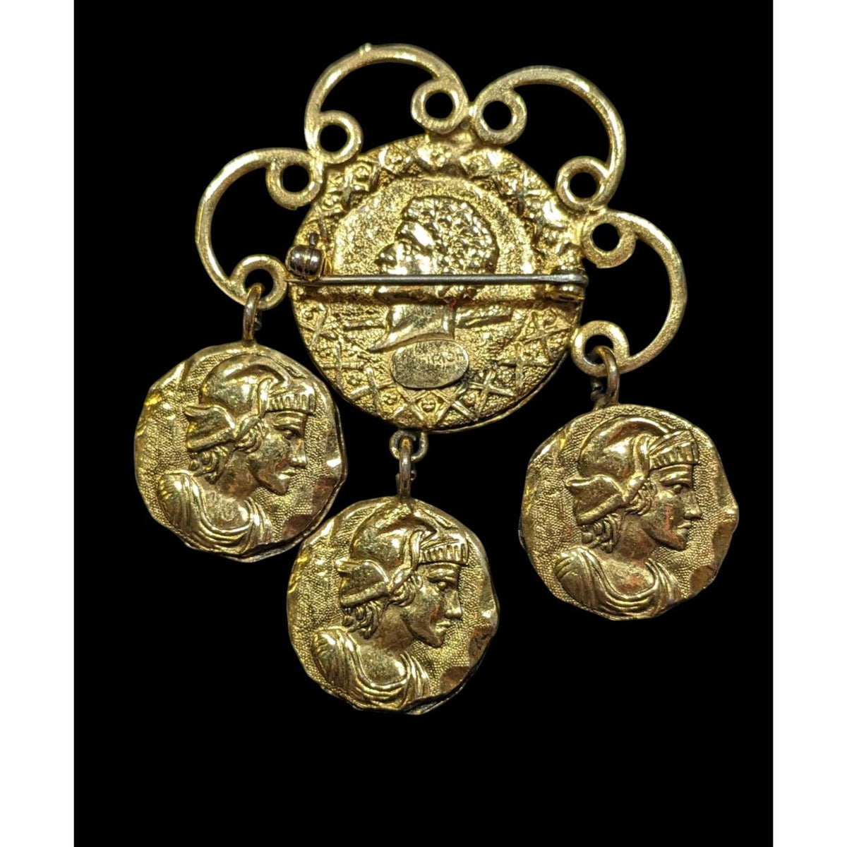 Solomon Freirich Vintage Etruscan Revival Gold Tone Roman Coin Dangle Brooch 2in