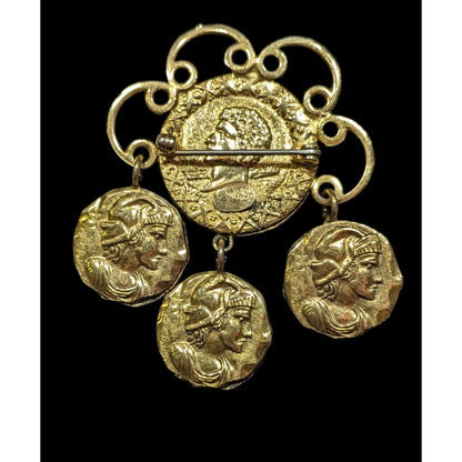 Solomon Freirich Vintage Etruscan Revival Gold Tone Roman Coin Dangle Brooch 2in