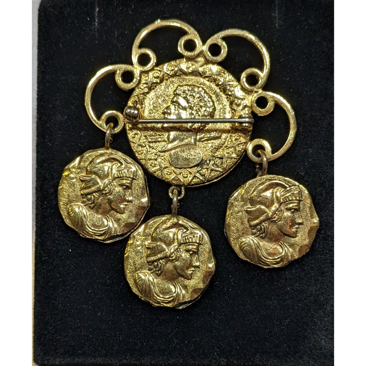 Solomon Freirich Vintage Etruscan Revival Gold Tone Roman Coin Dangle Brooch 2in