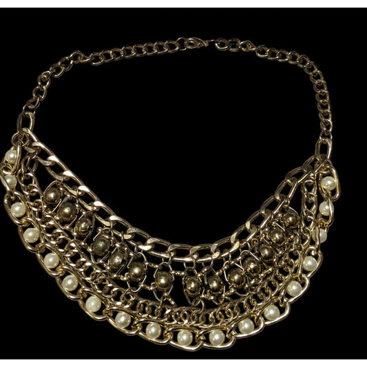 Glamorous Gold Chain Pearl Bib  Necklace