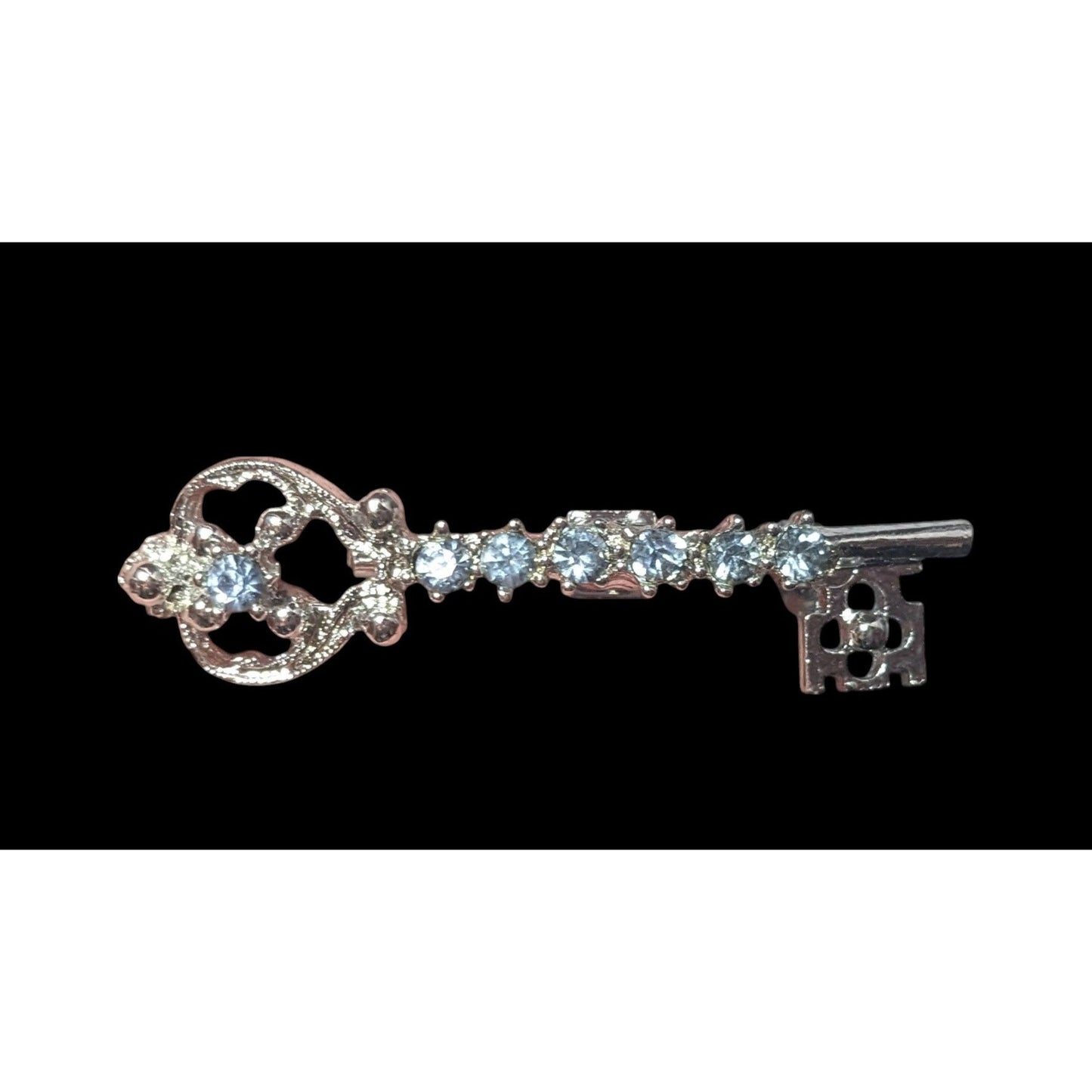 Whimsical Fantasy Light Blue Rhinestone Silver Tone Key Brooch