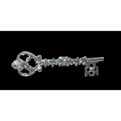 Whimsical Fantasy Light Blue Rhinestone Silver Tone Key Brooch