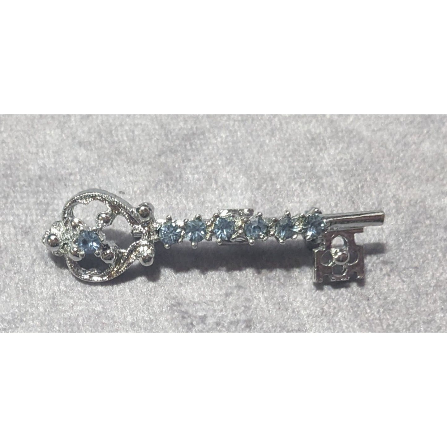 Whimsical Fantasy Light Blue Rhinestone Silver Tone Key Brooch