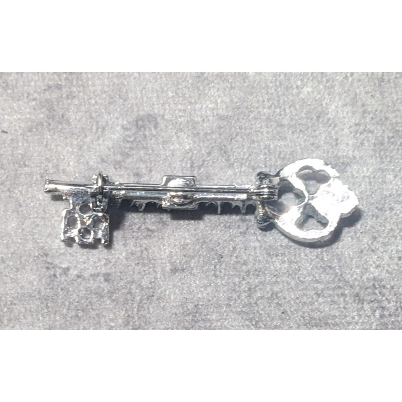 Whimsical Fantasy Light Blue Rhinestone Silver Tone Key Brooch