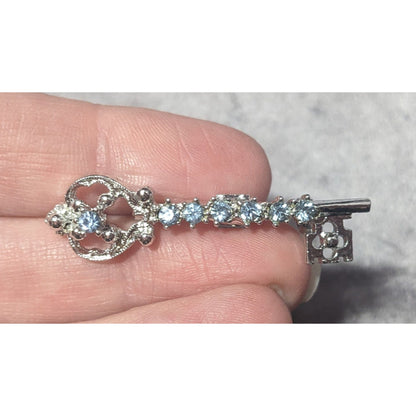 Whimsical Fantasy Light Blue Rhinestone Silver Tone Key Brooch