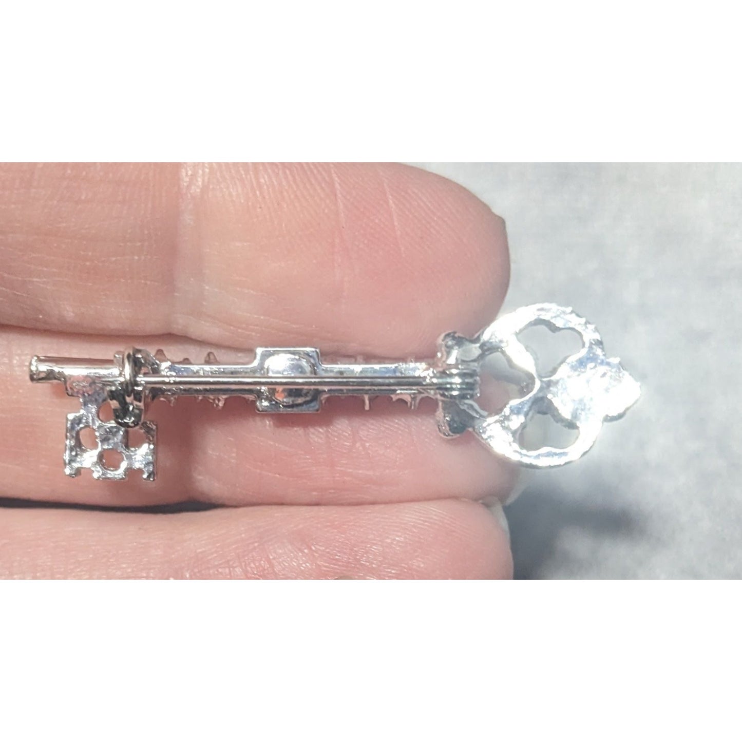 Whimsical Fantasy Light Blue Rhinestone Silver Tone Key Brooch