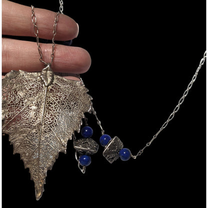 Vintage Silver And Blue Electroplated Birch Leaf Necklace