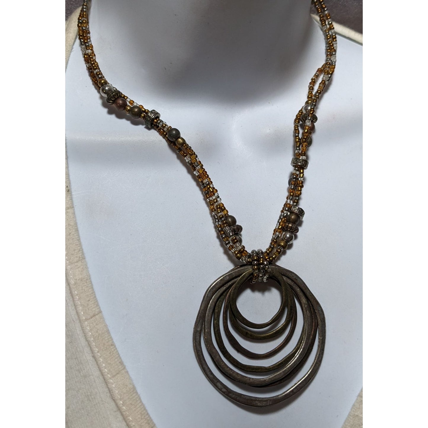 Brutalist Rustic Metallic Beaded Hammered Pendant Necklace