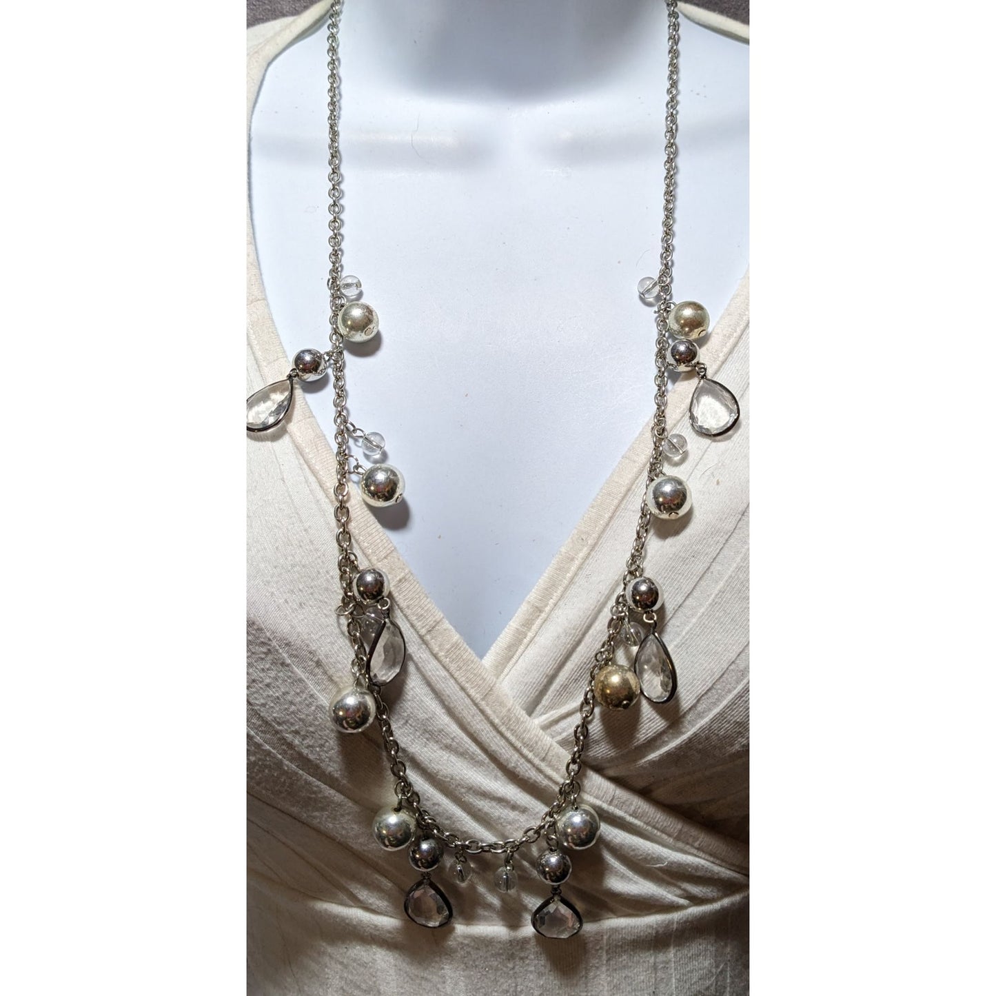 Silver Gemmed Teardrop Charm Necklace