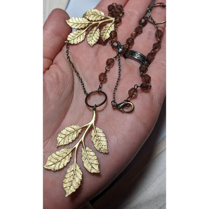 Asymmetrical Gold Beaded Leaf Necklace