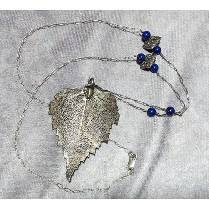 Vintage Silver And Blue Electroplated Birch Leaf Necklace