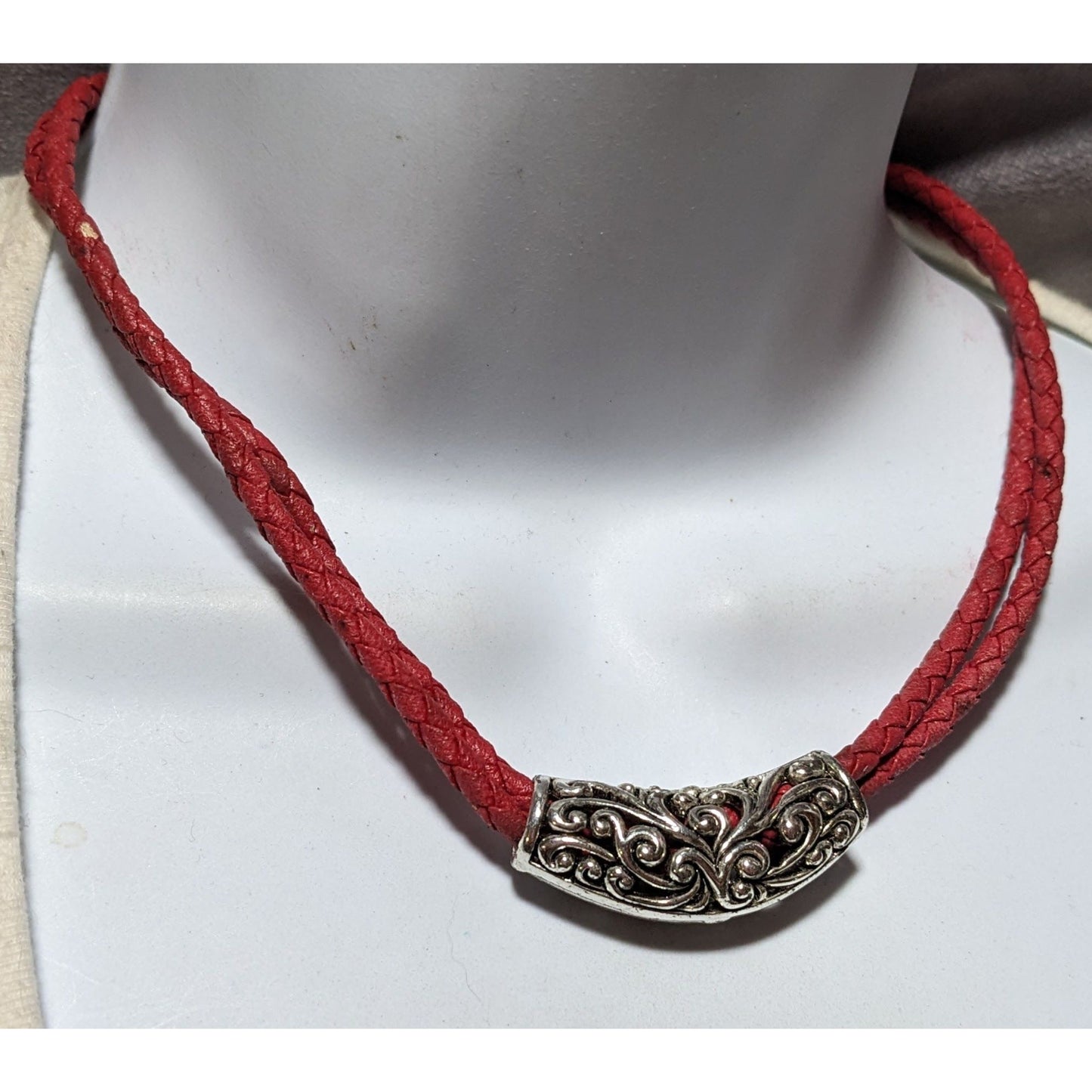 Red And Silver Faux Leather Floral Necklace