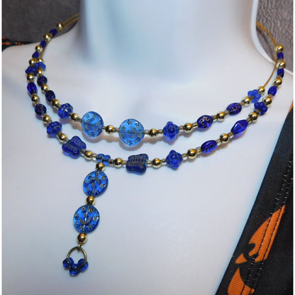 Blue And Gold Celestial Beaded  Necklace