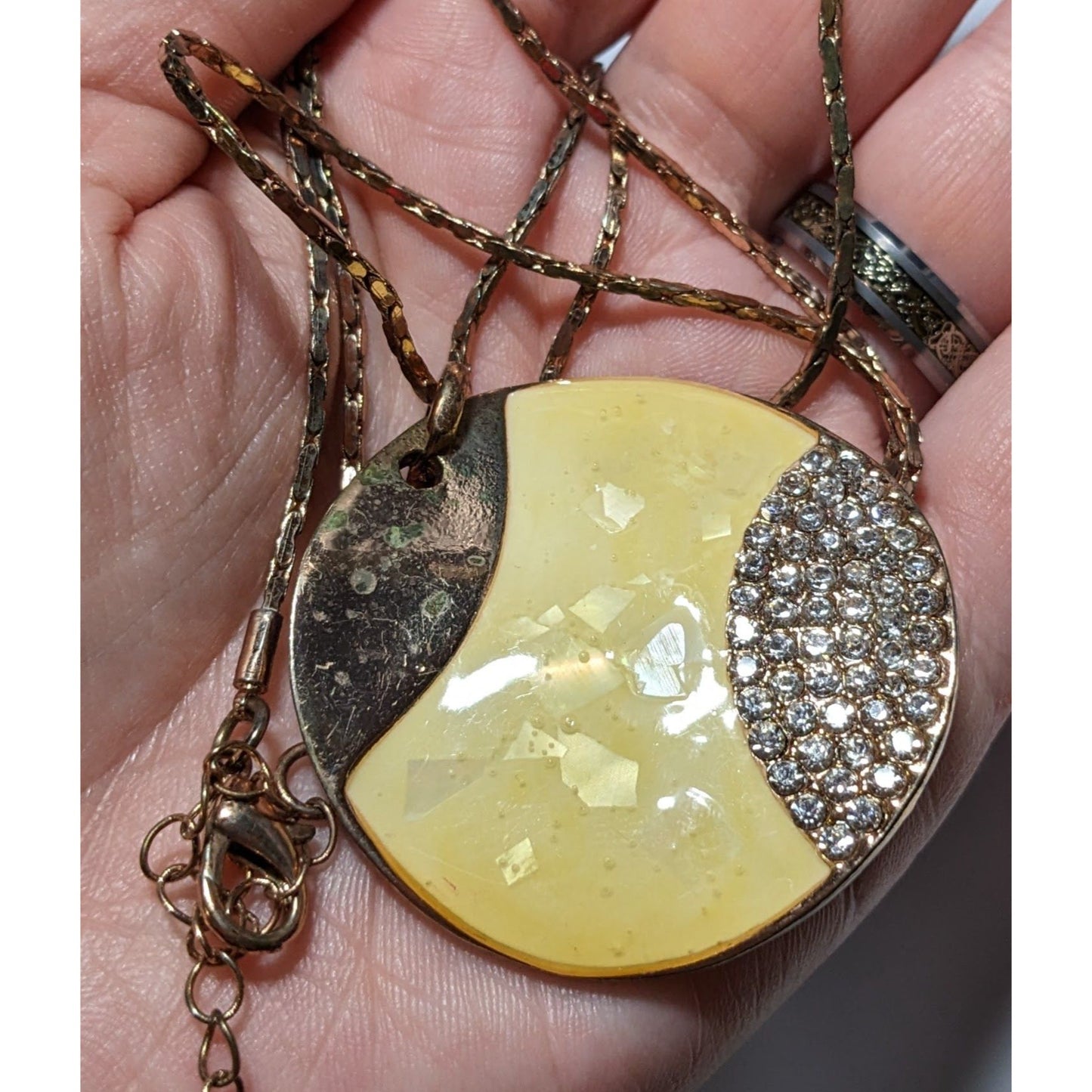 Gold And Yellow Enamel Rhinestone Pendant Necklace