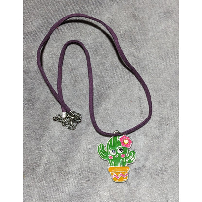 Smiling Bright Cactus Enamel Pendant Necklace