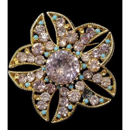 Vintage BSK Blue And Pink Floral Rhinestone Brooch