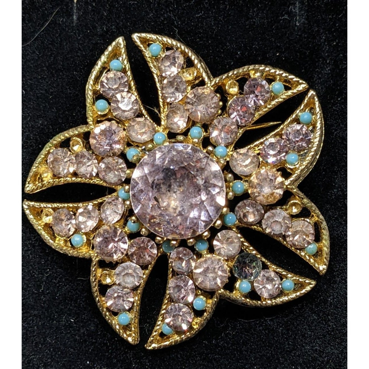 Vintage BSK Blue And Pink Floral Rhinestone Brooch