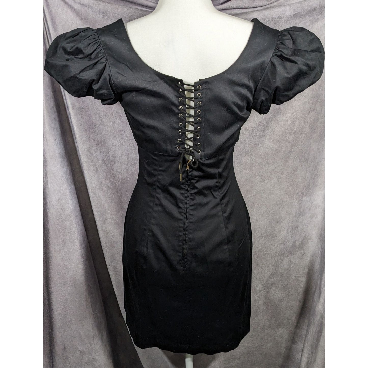 Betsey Johnson Gothic Corset Back Puff Sleeve Black Mini Dress Size 6