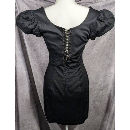 Betsey Johnson Gothic Corset Back Puff Sleeve Black Mini Dress Size 6
