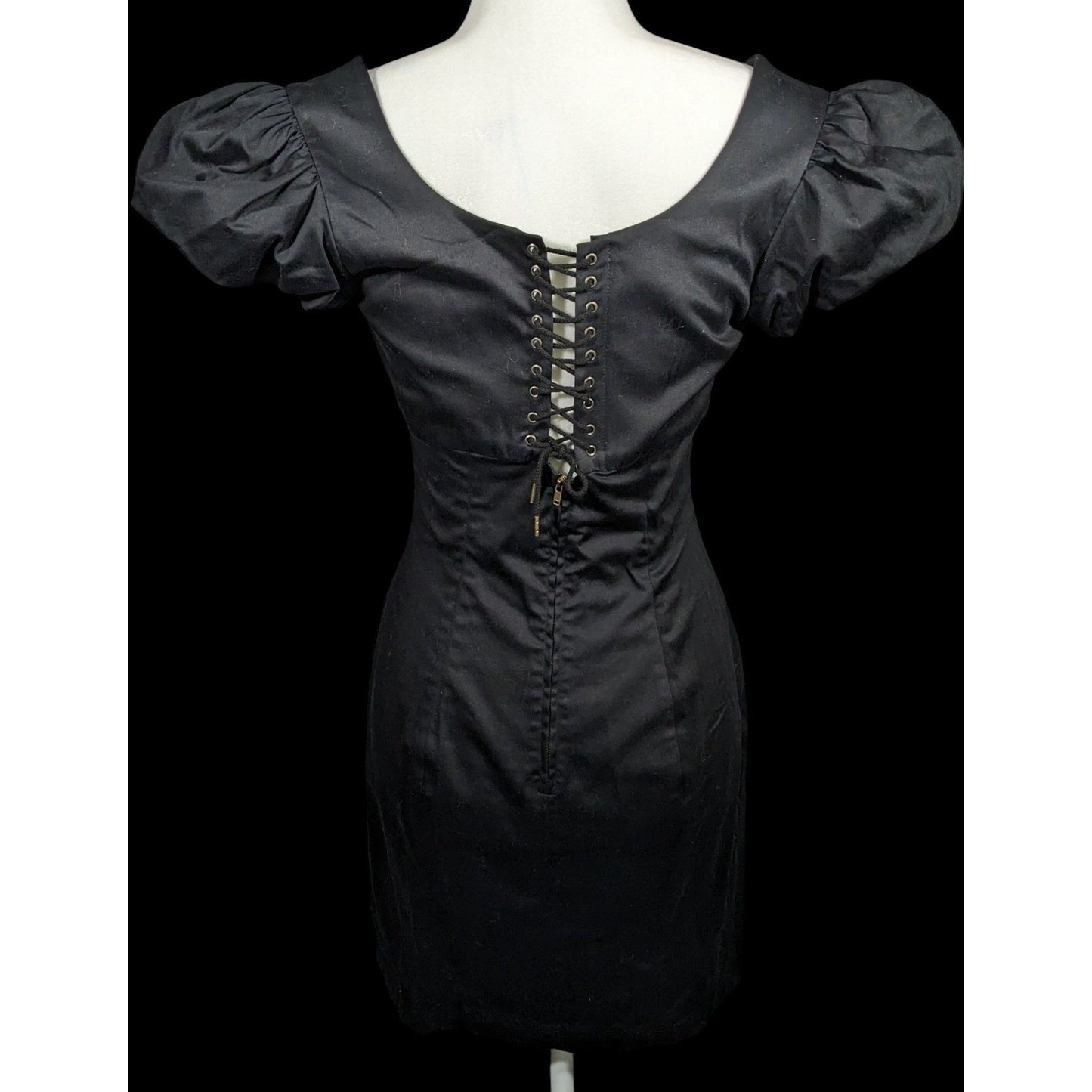 Betsey Johnson Gothic Corset Back Puff Sleeve Black Mini Dress Size 6