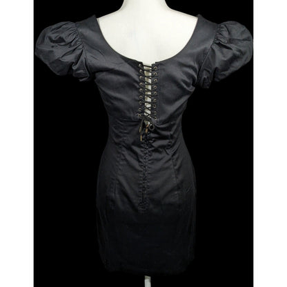 Betsey Johnson Gothic Corset Back Puff Sleeve Black Mini Dress Size 6
