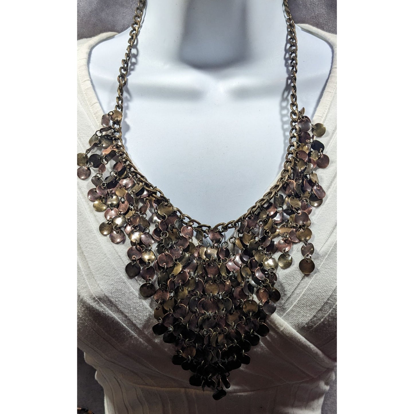 Plunder Jewelry Bronze Tone Disc Fringe Bib Necklace