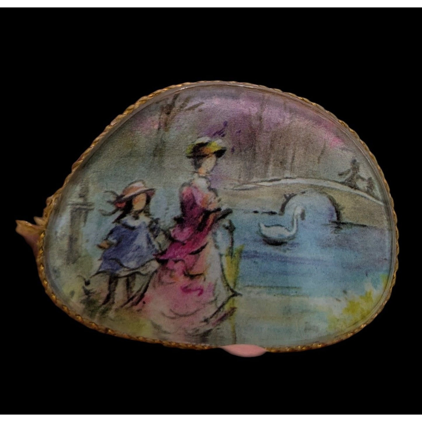 Handmade Victorian Style Upcycled Glasses Lens Brooch With Painted Scene Of Woman & Child By Pond