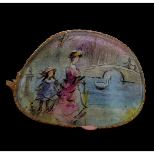 Handmade Victorian Style Upcycled Glasses Lens Brooch With Painted Scene Of Woman & Child By Pond