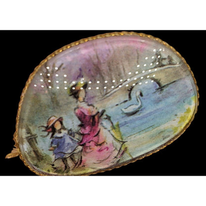 Handmade Victorian Style Upcycled Glasses Lens Brooch With Painted Scene Of Woman & Child By Pond