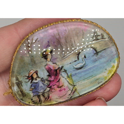 Handmade Victorian Style Upcycled Glasses Lens Brooch With Painted Scene Of Woman & Child By Pond