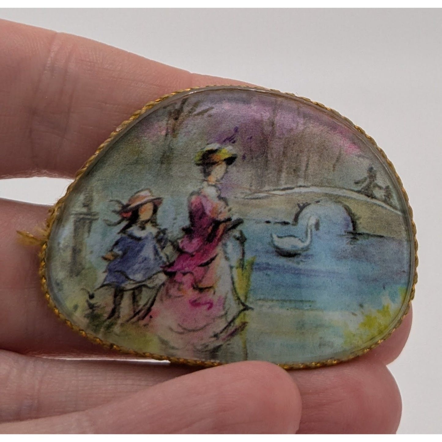 Handmade Victorian Style Upcycled Glasses Lens Brooch With Painted Scene Of Woman & Child By Pond